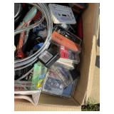 BOX WITH MISC LIGHTS, HAMMER, ELECTRIC SCISSORS, E