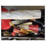 TOOL BAG WITH MISC TOOLS, HAMMER, LANTERN, ETC