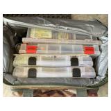 GROUP OF FISHING RELATED ITEMS, TACKLE BOX WITH TA