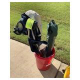 BUCKET WITH MISC FOLDING CHAIRS