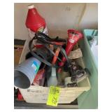 TOTE WITH DROP CORDS, FUNNELS, MISC OIL, ETC