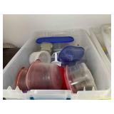 TWO TOTES WITH MISC PLASTIC CUPS, PLATES, ETC