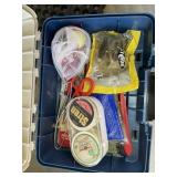 GROUP OF FISHING RELATED ITEMS, TACKLE BOX WITH TA