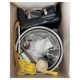 BOX WITH MISC ITEMS, STAINLESS BOWLS, METAL WINE R