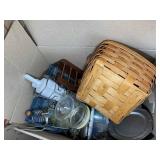 BOX WITH BASKETS AND MISC KITCHEN ITEMS