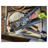 WOODEN TRAY WITH MISC COOKING UTENSILS