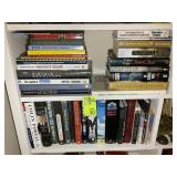 TWO SHELVES OF MISC BOOKS, GUN, PILOT/FLYING, THEM