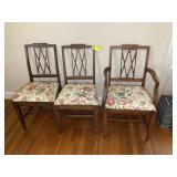 GROUP OF 3 WOODEN DINING CHAIRS SOME DAMAGE TO BAC