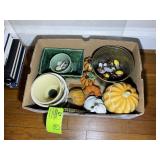 MISC GROUP OF DECORATIVE PUMPKINS, SMALL POTS, ETC