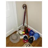 GROUP OF HATS, CANE AND UMBRELLA