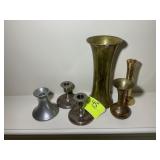 GROUP OF CANDLE HOLDERS AND VASES 3IN TO 9.5 IN