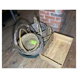 GROUP OF MISC BASKETS AND WOODEN WINE CRATE