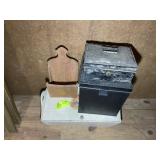 GROUP INCLUDING METAL STORAGE BOXES, WOODEN TOY BO