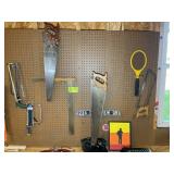 CONTENTS OF PEG BOARD, HAND SAWS, COPING SAW, HACK