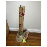 WOODEN BOX WITH YARDSTICKS, CLOTHES PINS ETC