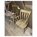 GROUP INCLUDING VINTAGE WOODEN HIGH CHAIR AND SMAL