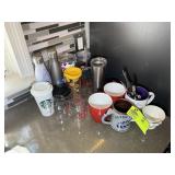 GROUP OF COFFEE MUGS, PLASTIC CUPS AND WATER BOTTL