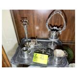 GROUP OF SILVER PLATE AND COLORED ITEMS, BASKET, T