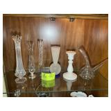 GROUP OF GLASS VASES TOP LEFT SHELF OF CHINA CABIN
