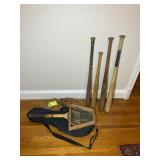 GROUP OF VINTAGE WOODEN BATS, BASEBALL GLOVE AND T
