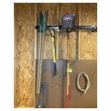 GROUP OF YARD TOOLS, POST HOLE DIGGER, SHOVEL, RAK