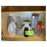 MISC GROUP OF OIL LAMP SHADES AND GLASS BOTTLES