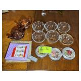 GROUP INCLUDING GLASS BOWLS, COASTERS, SMALL TEA P