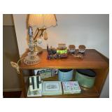 CONTENTS OF SECRETARY DESK, SMALL TABLE LAMPS, TRA