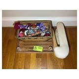 MISC GROUP OF SEWING ITEMS, BASKET WITH FABRIC STR