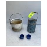 GROUP INCLUDING WHITE ENAMEL POT SMALL BLUE ENAMEL