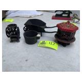 GROUP OF CAST IRON DECORATIVE ITEMS, COIN BANK CAR