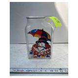 LARGE CLEAR GLASS JAR WITH CLOWN, 10.5 IN TALL
