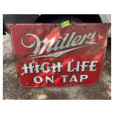 LARGE DOUBLE SIDED ENAMEL, MILLER HIGH LIFE ON TAP