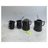 GROUP OF ENAMEL COOKWARE KETTLES CUPS ETC