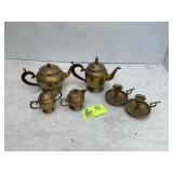 GROUP OF BRASS COLORED ITEMS TEA KETTLE CREAM SUGA