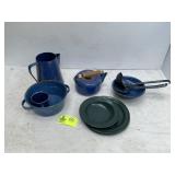GROUP OF ENAMEL COOKWARE TEA PITCHER PLATES BOWLS