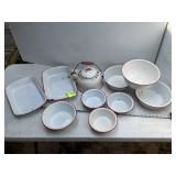 GROUP OF RED RIMMED ENAMEL KETTLE AND BAKING PANS