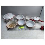 GROUP OF RED RIMMED ENAMEL POTS, SOME WITH LIDS