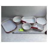 GROUP OF RED RIMMED ENAMEL POTS AND PANS