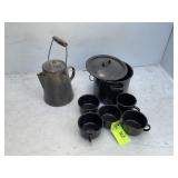 GROUP OF ENAMEL ITEMS TEA KETTLE POT WITH LID COFF