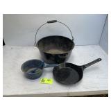 GROUP OF ENAMEL PLATED ITEMS LARGE POT WITH WIRE H