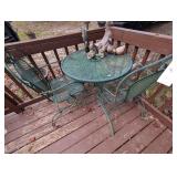 SMALL ROUND GREEN METAL PATIO TABLE AND TWO METAL