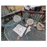 GROUP OF YARD ART, GNOME, FROG, METAL BASKET, ETC