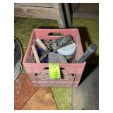 MILK CRATE WITH TROWELS AND HAMMER, ETC