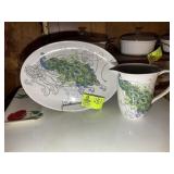 LARGE PLATTER AND WATER PITCHER, PEACOCK THEMED, P