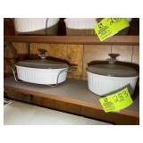 GROUP OF CORNING WARE BAKING DISHES, LIDS, CARRIER