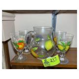 GROUP OF GLASSES WITH MATCHING PITCHER, FRUIT THEM