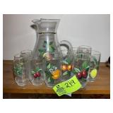 GROUP OF FRUIT THEMED GLASS WARE WITH PITCHER