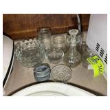 GROU OF CLEAR GLASS SERVING DISHES, BOWLS, VINEGAR