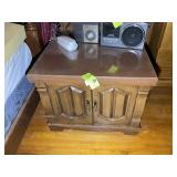 TWO DOOR SIDE TABLE, 27 IN SQ X 16 IN, GLASS TOP